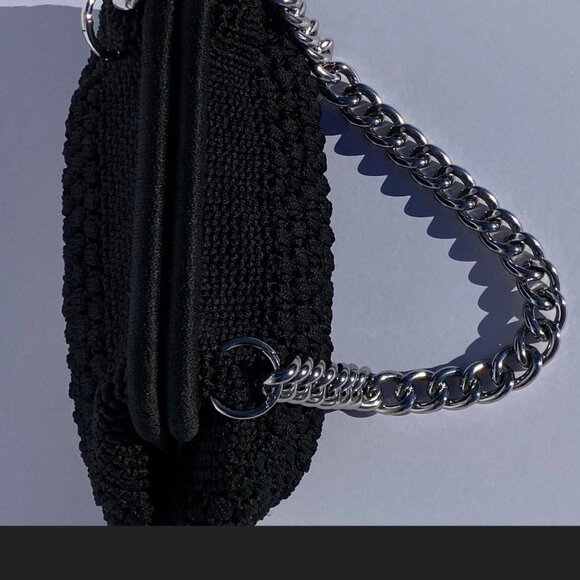 Small Black Crochet Handmade Shoulder Bag Silver Chain Everyday Minimalist Purse - Picture 2 of 6